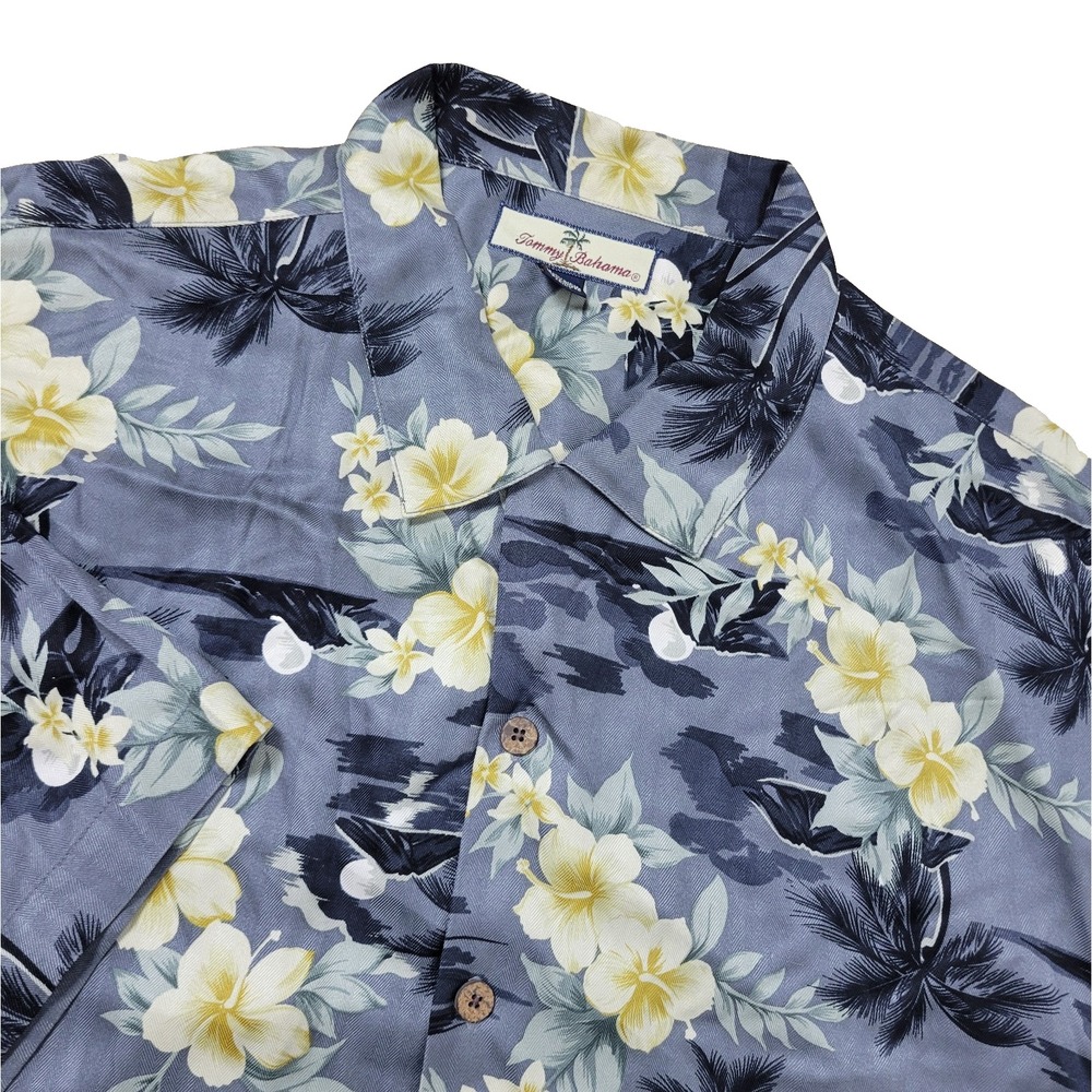 Vintage Tommy Bahama Mens XL Gray Floral Beach Hawaiian Button Up 100% Silk